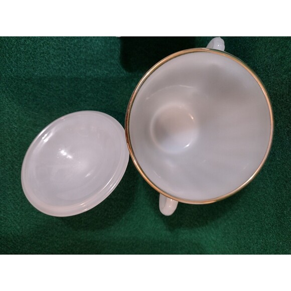 Vintage Anchor Hocking Fire King Milk Glass Swirl Gold Trim Creamer Sugar Bowl - Picture 2 of 7